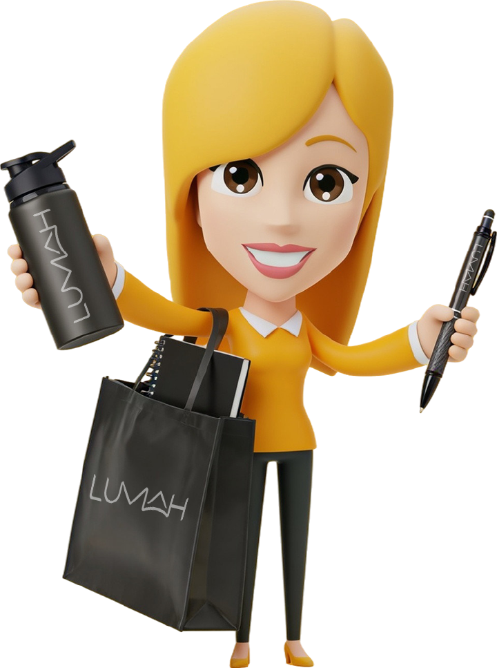 Mascote Lumah segurando produtos personalizados